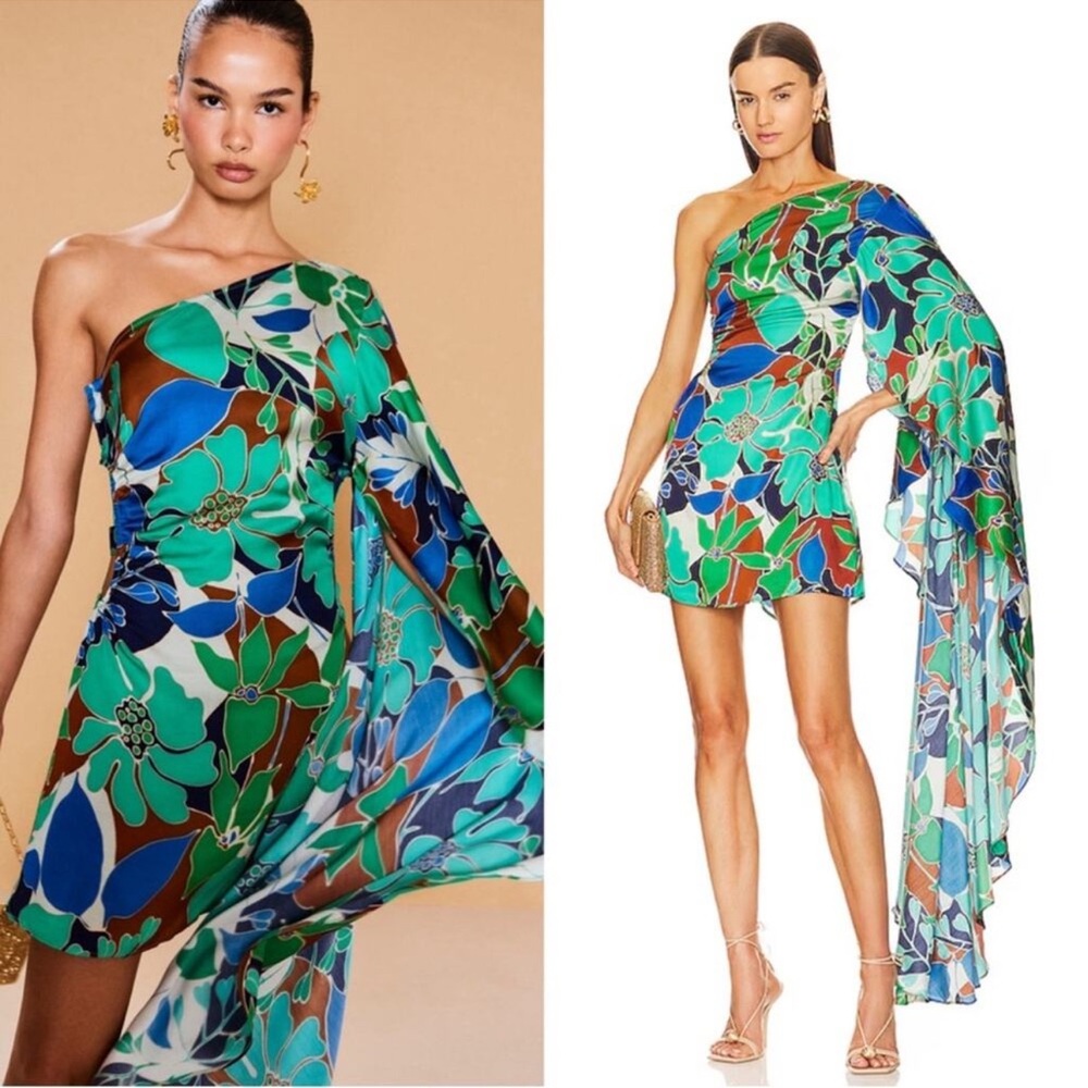 Cult Gaia Green and Blue Floral One-Shoulder Mini Dress